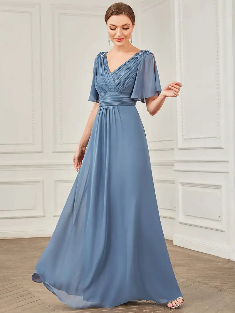 

Elegant Evening Dresses Short Ruffles Sleeves Deep V Neck Floor-Length 2023 Ever Pretty of A-Line Dusty Navy Bridesmaid Dress