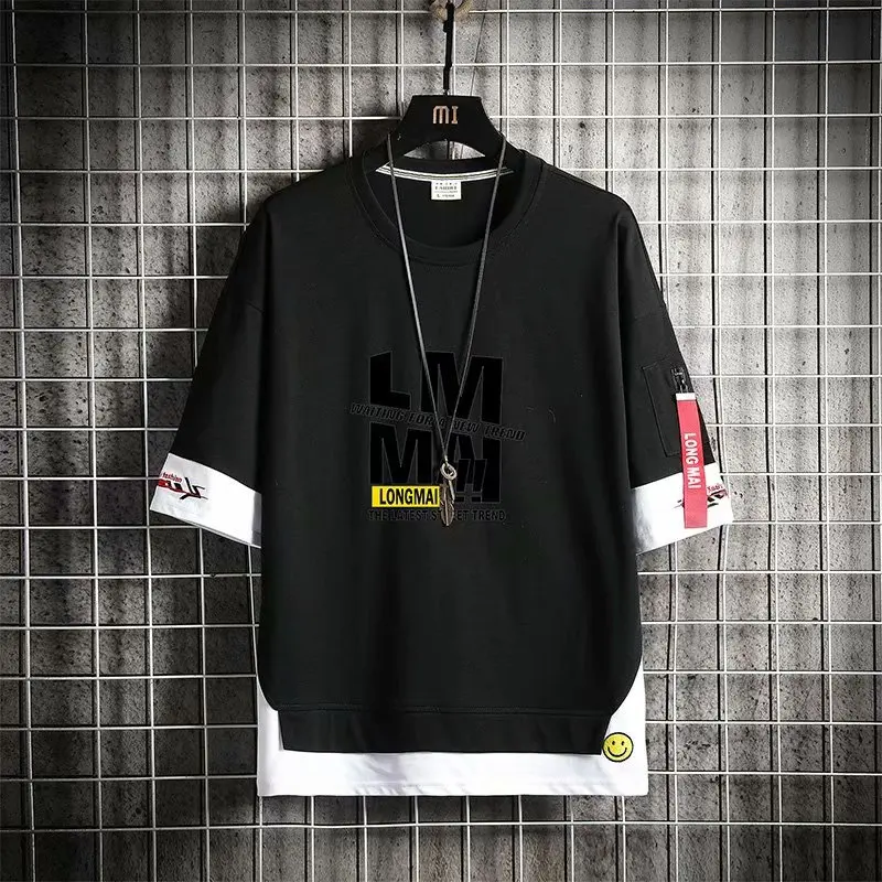 Футболка мужская однотонная составного кроя модная тенниска с круглым вырезом