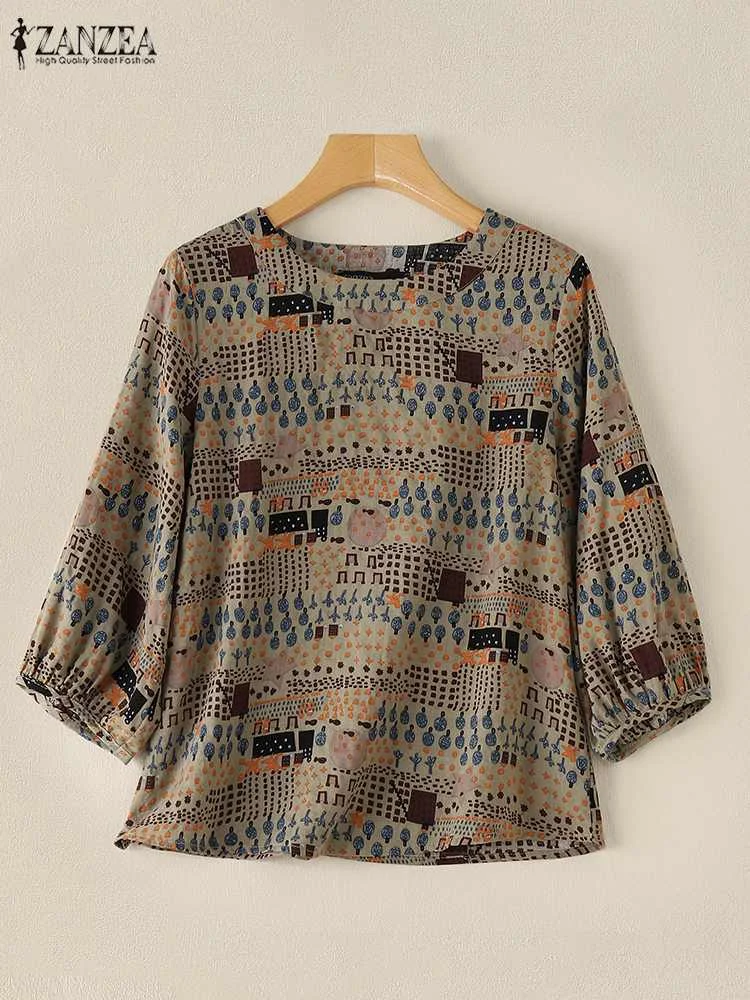 ZANZEA осенние женские повседневные свободные блузки с принтом 2024 винтажные