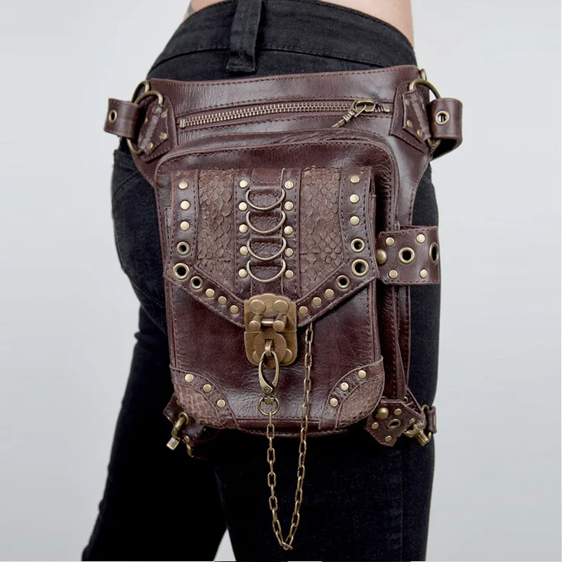 

Original Design Women Steampunk Waist Packs PU Leather Rivet Chain Shoulder Bag Adult Unisex Rock Street Mini Phone Chest Bags