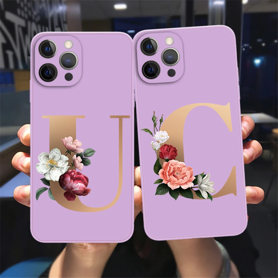 

Fashion Initial Letter A Z Silicon Phone Case For iPhone 12 13 ProMax 12 13 mini Retro Golden Flower Soft TPU purple Back Cover