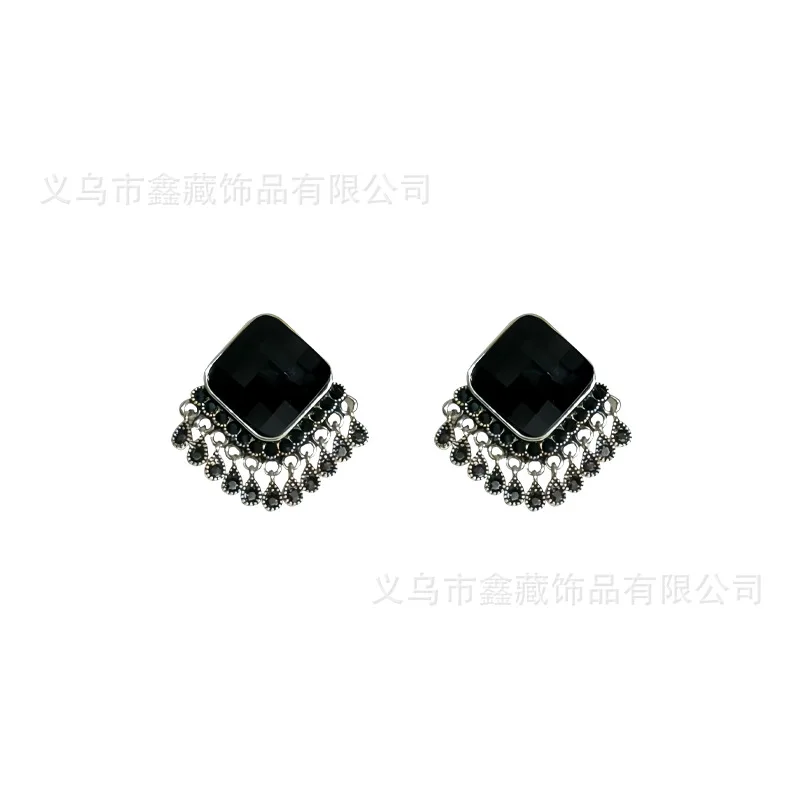 Винтажные серьги с черными кристаллами и бриллиантами бахромой женские