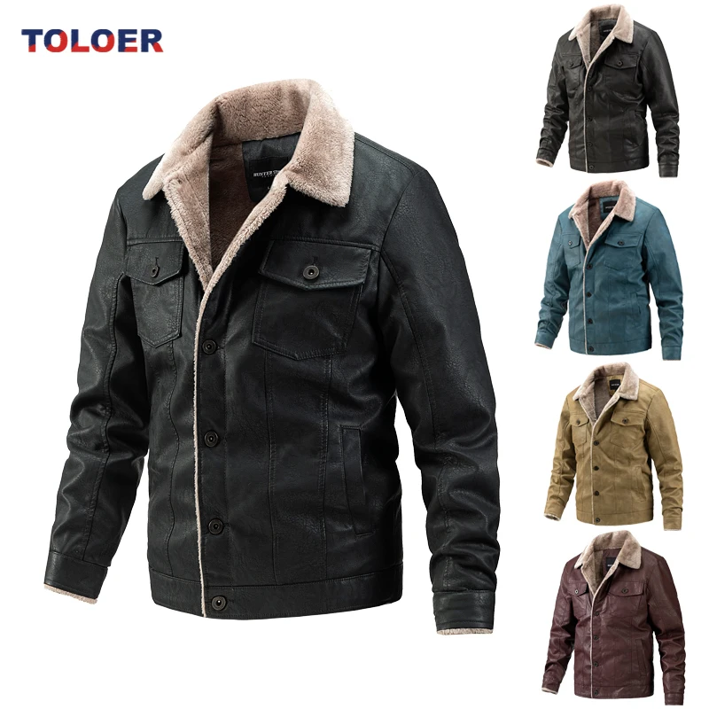 

PU Leather Jacket New Men's Fashion Jackets Winter Solid Men's Streetwear Fleece Casual Slim Fit Lapel Collar Leather Coats