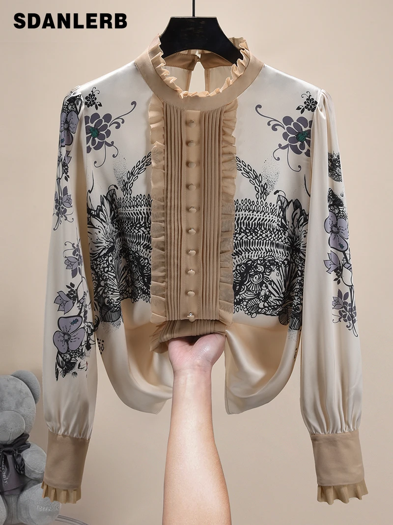 

Женская атласная шифоновая рубашка с длинным рукавом и пышными рукавами