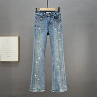 heavy hot drilling jeans for women bell bottom pants 2022 spring summer new high waist elastic denim jean female flared pants