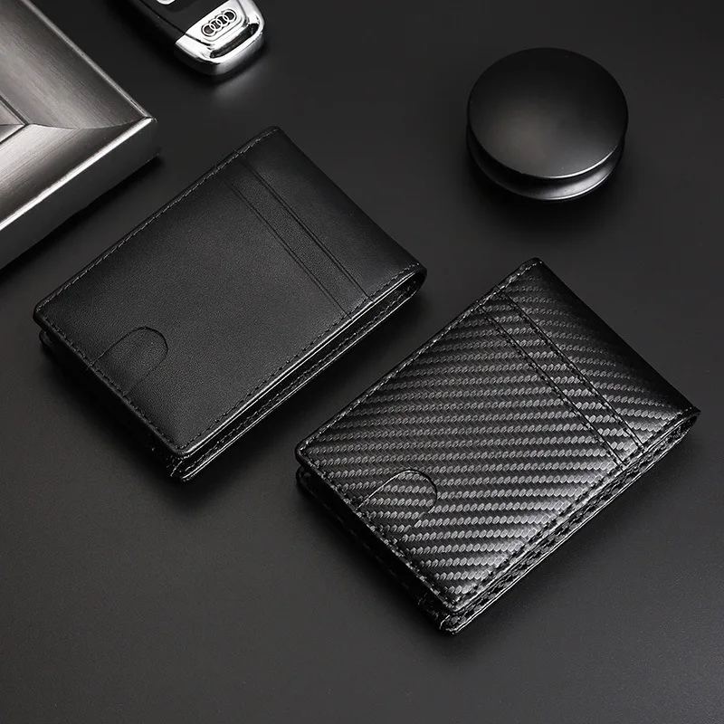 Wallet For Men Carbon Fiber Pattern Short Style Money Clip Top Layer Leather Card Holders Short Double Fold Purse Cartera Hombre