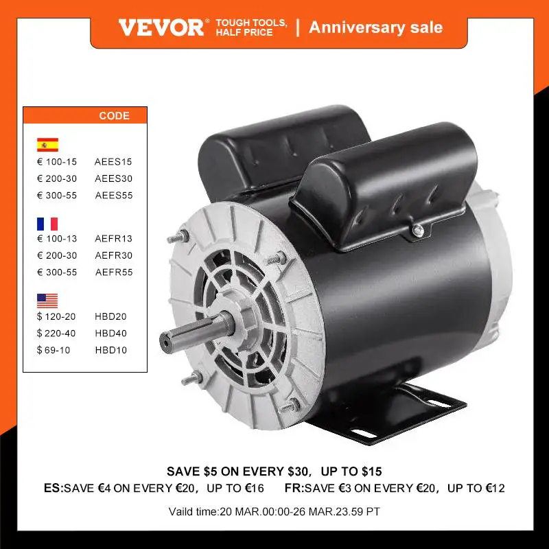 

VEVOR 2 HP Single Phase Air Compressor Electric Motor 115/230V 3450RPM TEFC Steel Housing for Pumps Transport Machinery Mixers