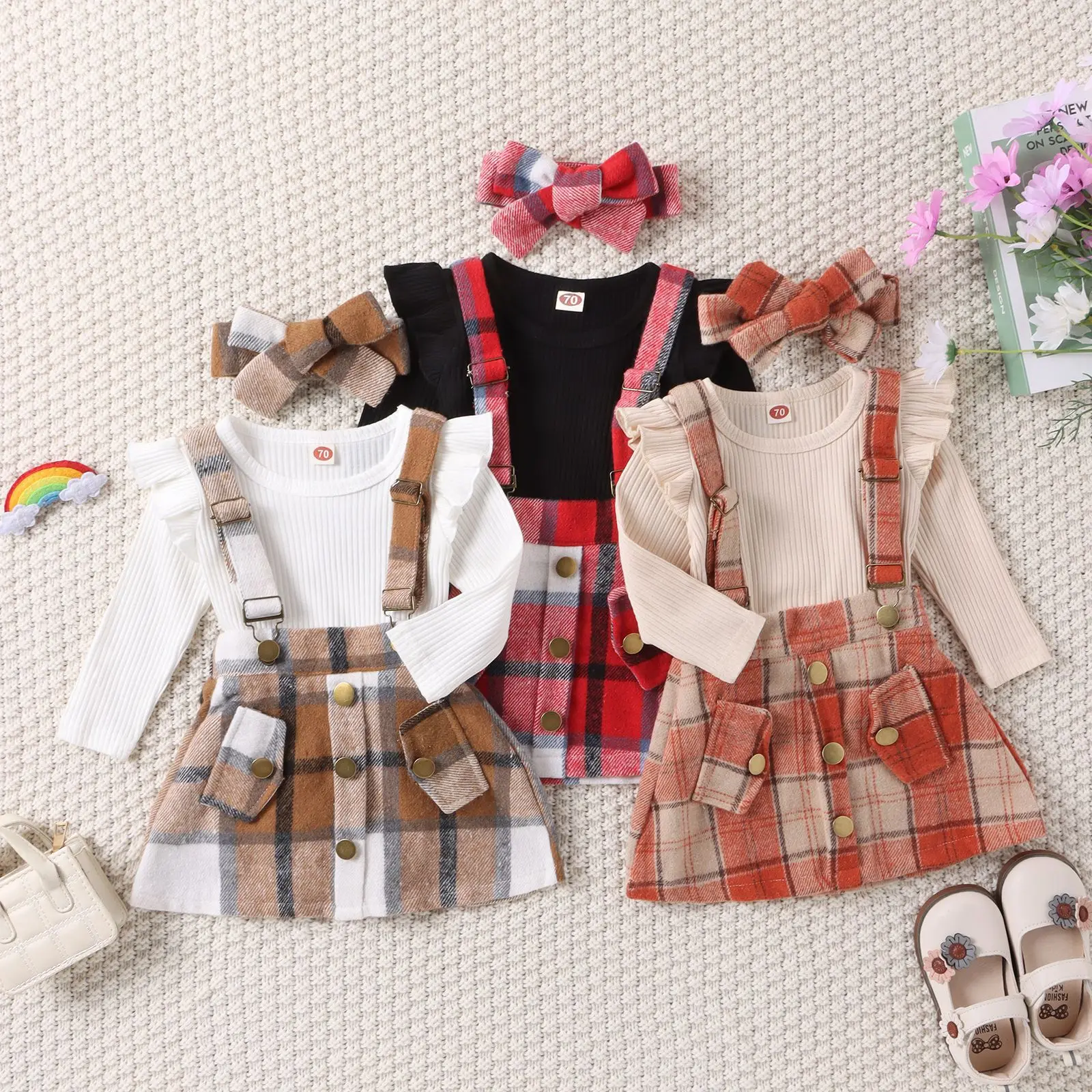 

Baby's Sets Girls' Autumn and Winter Onesie Suspenders Skirt Crawling Suit Three-piece Set Baby Girl Outfit Set Girl Rompers