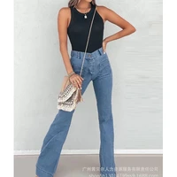 women jeans streetwear vintage jeans summer slim pocket stitching jeans womens casual button high waist denim bell bottom pants