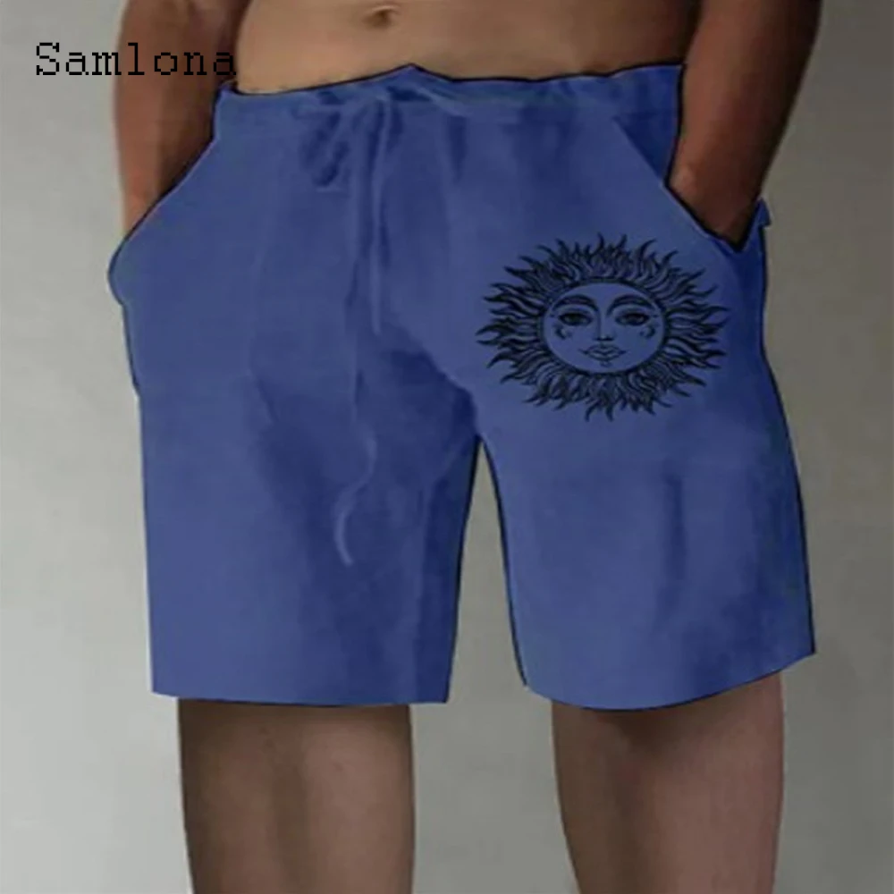 Samlona Men's Casual Beach Sun Printed Shorts 2022 Summer Linen Shorts Plus Size 4xl 5xl Male Leisure Stand Pockets Short Pants