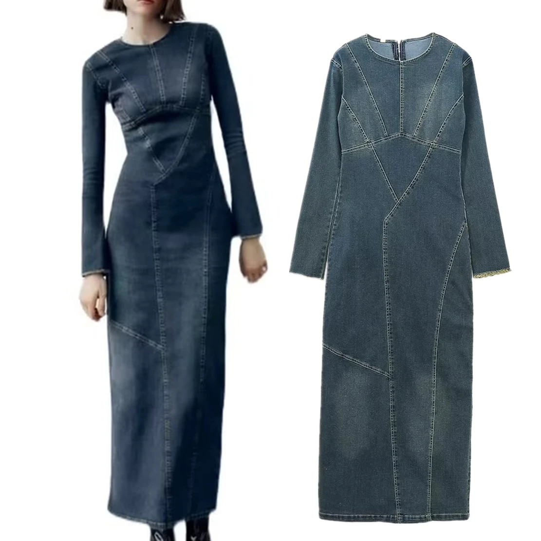 Withered French Style Fashion Elegant Slim Round Neck Denim Dress Vintage Washed Maxi Party Dress Lady