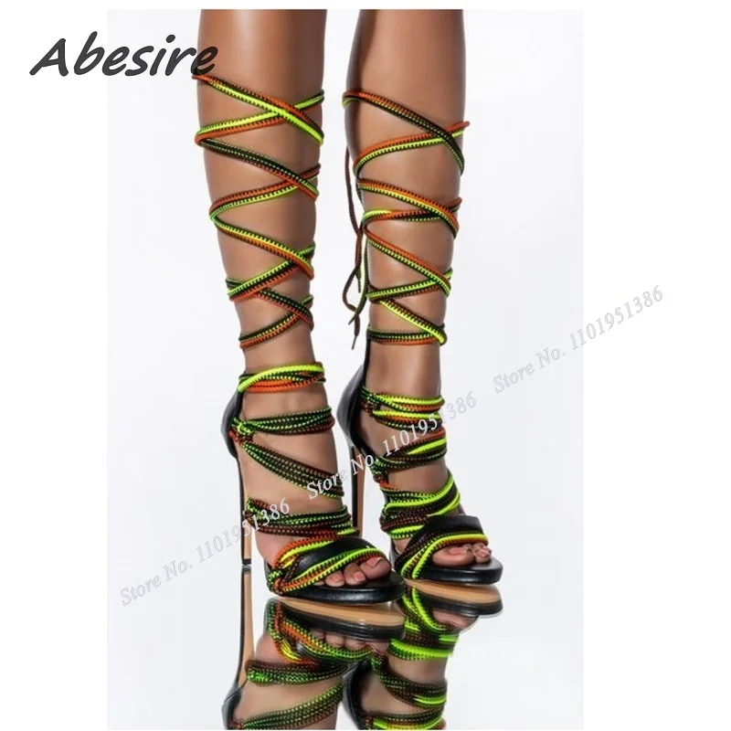 

Abesire Summer Mixed Color Lace up Sandals Stiletto High Heel Rope Decor Women Shoes New Fashion Sexy Big Size Zapatillas Mujer