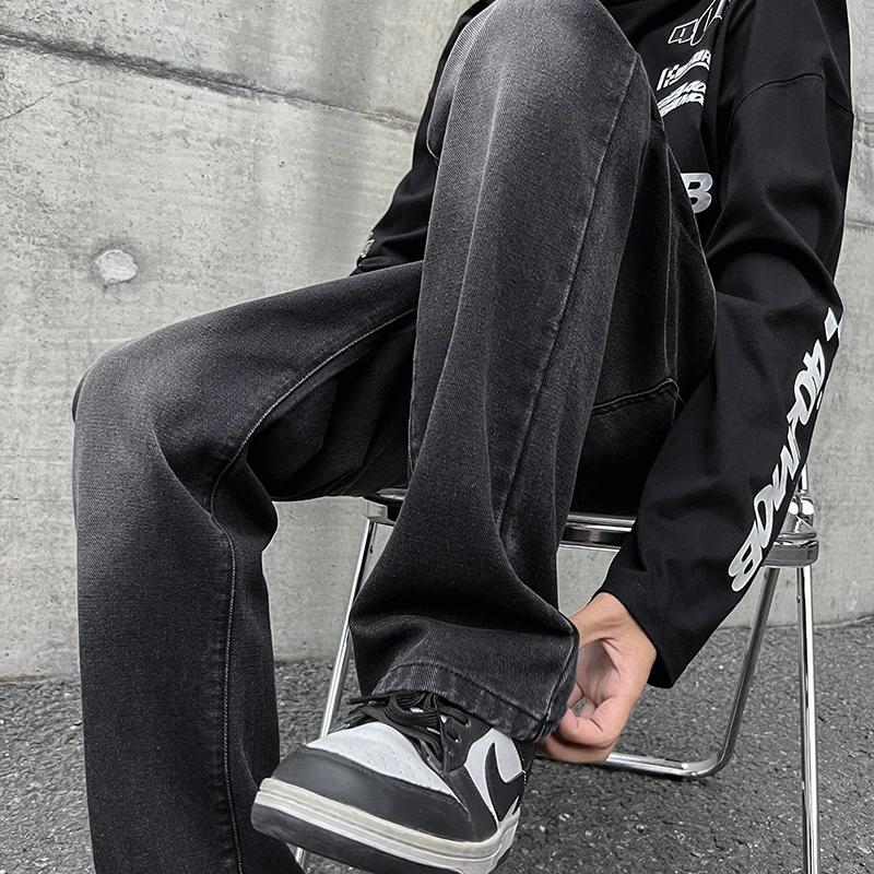 

2023 Vintage Style Solid Jeans Men's Loose Straight Autumn Fashion Brand Ins Wide Leg Pants Handsome Long Trousers Male B3