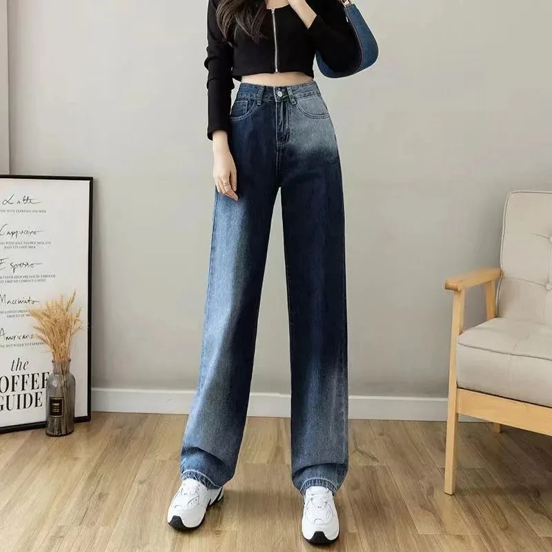 

2023 Spring Autumn Women Jeans Smoke Grey Bf Retro Casual High Waist Wide Legs Pants Straight Barrel Baggy Jeans Woman