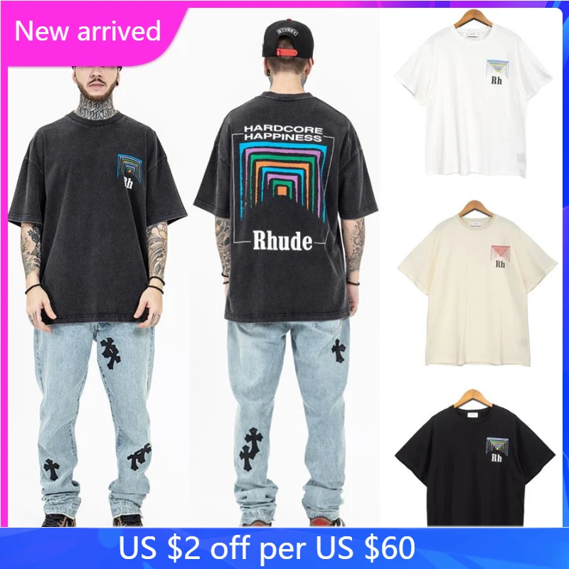 

RHUDE T-shirt High Street Cigarette Case Square Moonlight Print Retro Men's Women's Short-sleeved Tshirts