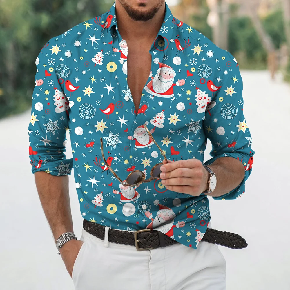2022 Autumn Fashion Men's Oversized Shirt Casual Christmas Print Long Sleeve Top Men's Dress Party Cardigan Shirt High Quality