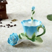 cup and saucer set ceramic coffee mug creative 3d rose flower shape teacups pastoral 4 colors breakfast milk cups with spoon mug