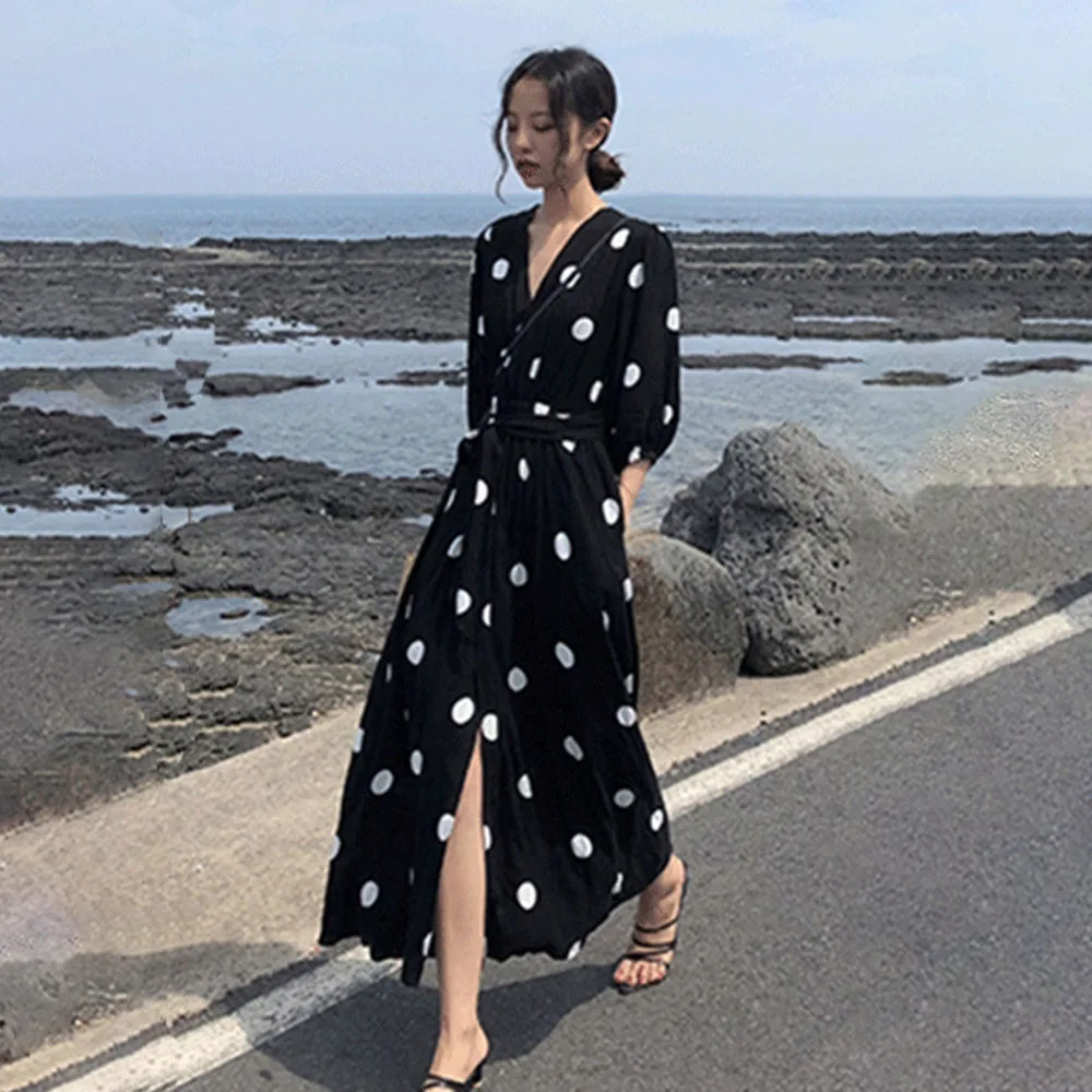 

Женское винтажное платье в горошек, длинное офисное платье макси с высокой талией и принтом, модное платье для отдыха и путешествий в Корейс...