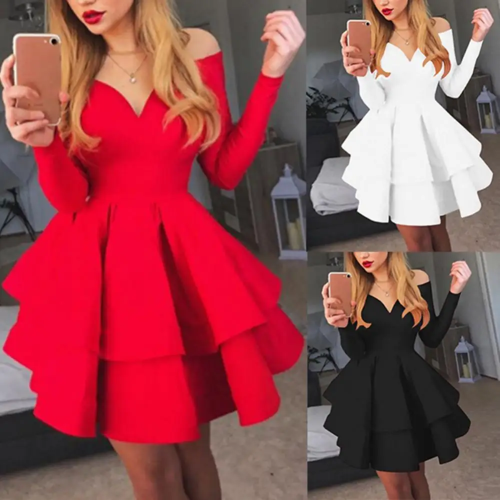 

Elegant Dress Women Off Shoulder Mini Dress Mini Long Sleeve V Neck Large Swing Ruffled Hem Dress