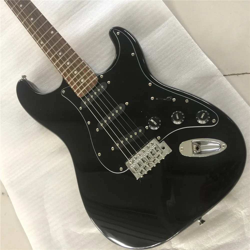 

High quality 6-string st electric guitar, black bright face instrument, maple body, optional color, shipped from Chinese factory
