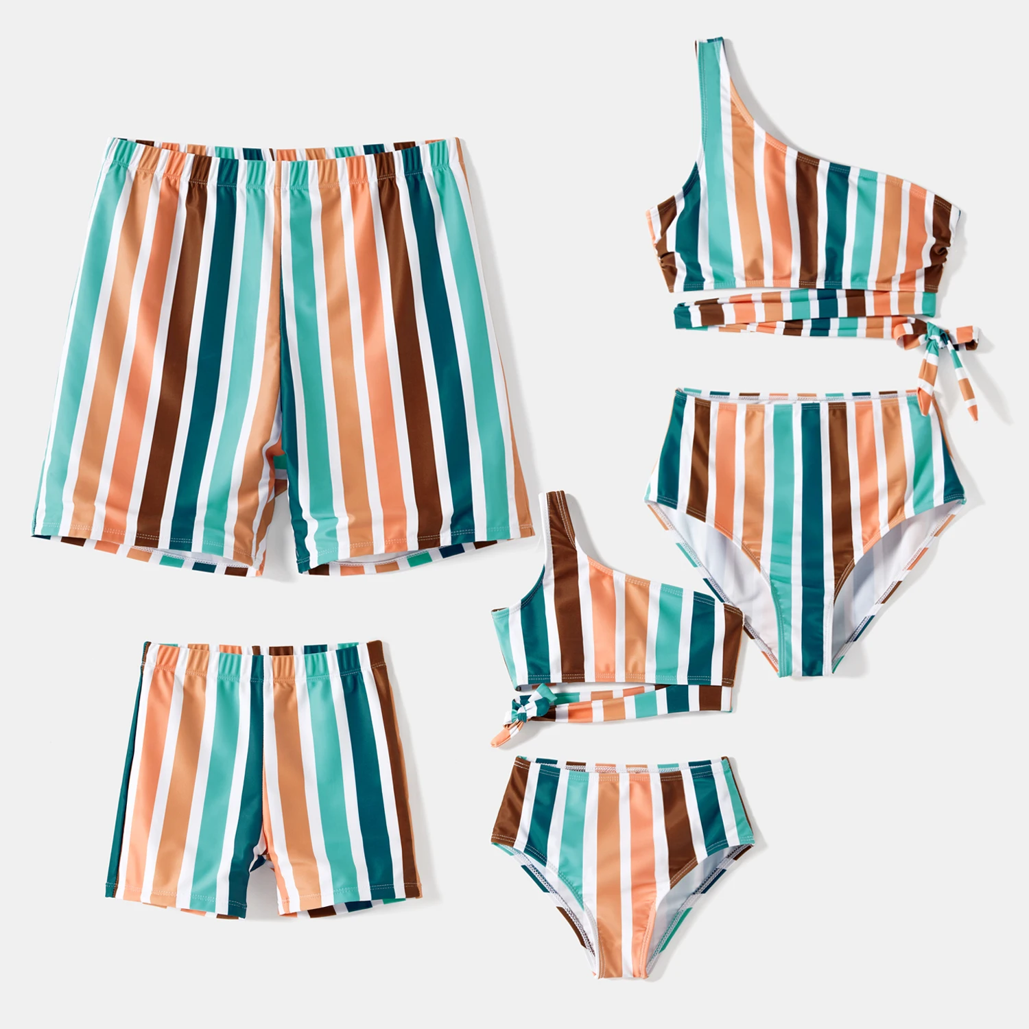

PatPat Family Matching Colorful One Shoulder Striped Self Tie Two-piece Swimsuit and Swim Trunks