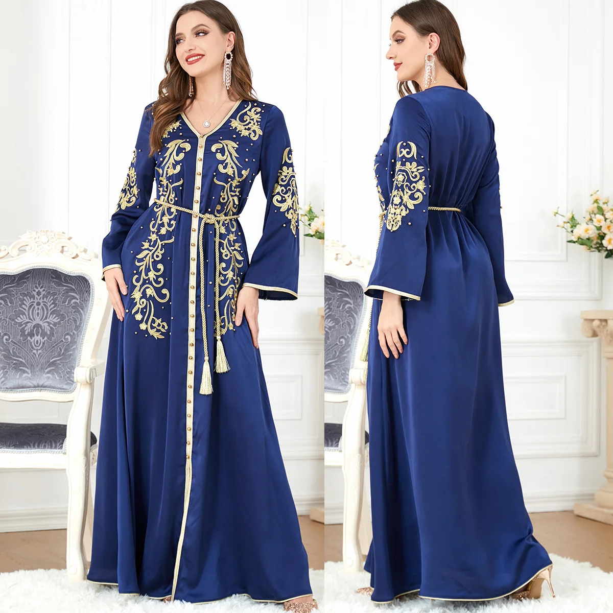 Elegant Casual Floral Embroidery Beaded Long Sleeve Muslim Dresses Party Belted Kaftan Modest Clothing Women Ramadan