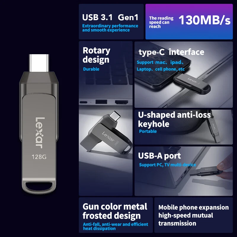 Фото Lexar D400 Металлический USB 3.1 Pen Drive 2-в-1 Type-C USB A флэш-накопитель 32 ГБ 64 ГБ 128 ГБ 256 ГБ Макс. 130 Мбит/с Флэш-накопитель для телефона ПК №4