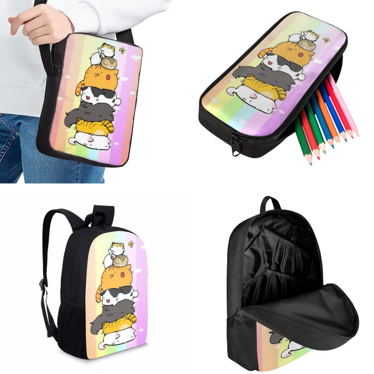 Jackherelook Cute Kitten Pattern Print Fashion Kids School Bags Girls Casual Backpack Practical School Bookbags 3pcs Knapsack