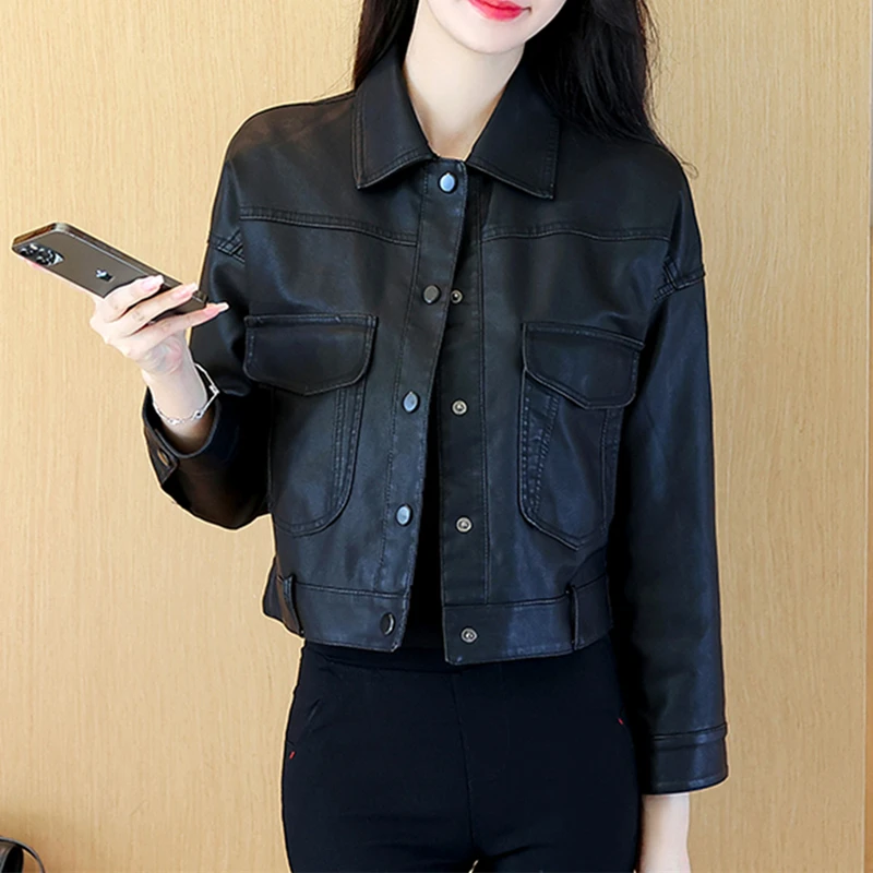 Womens Brown Biker Leather Jacket Button Down Pocket Fall and Spring Fashion Motorcycle Coat Office Casual Outwear