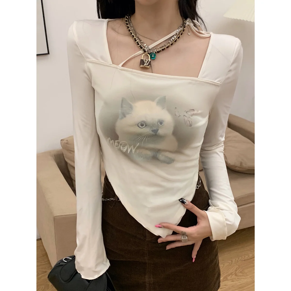 N GIRLS Cat Printed Long Sleeve Crop Tops Women Sexy Slim Square Collar Irregular T-shirt Autumn Chic Design Streetwear Harajuku