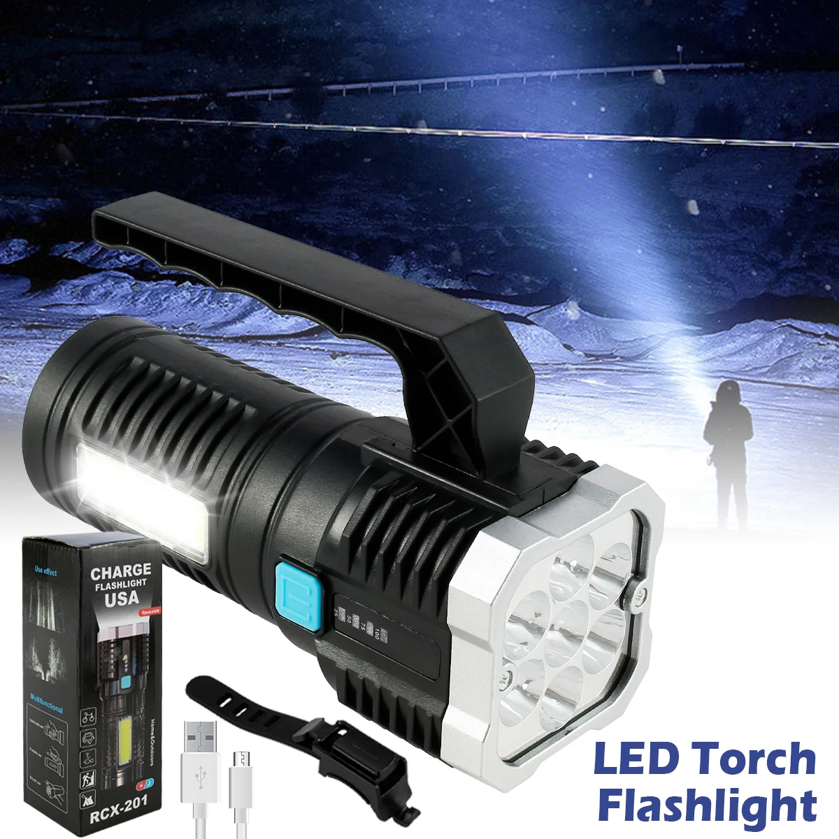 

LED Searchlight for Outdoor USB Chargeable Spotlight with1200mAh Battery Strong Light Torch IP45 Waterproof Flashlight with 4 Mo