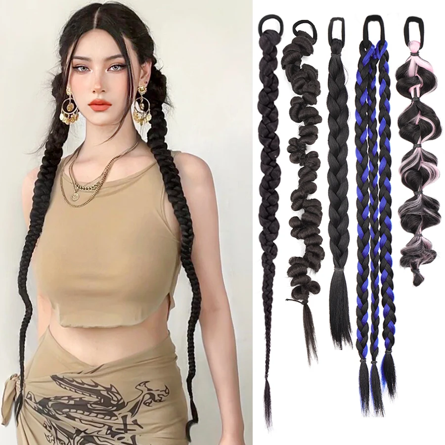 

Synthetic Long Braided Ponytail With Elastic Rubber Band Hair Extensions mixed color Wig Pigtail Hairpiece Bubble Twist Ponytail