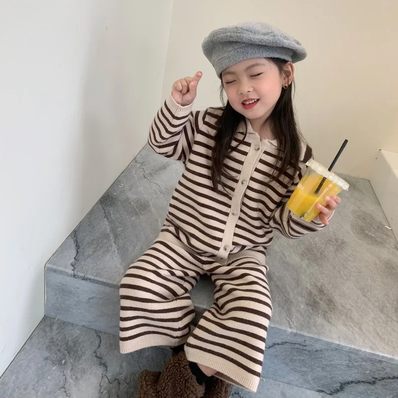 

Autumn Winter Girls striped woolen outfits Baby girl knitted clothes sets Lapel long sleeve sweater and wide leg pants 2pcs
