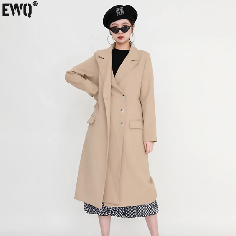 

Женский Длинный тренчкот с отложным воротником [EWQ], Черный Повседневный тренчкот с двойной планкой, с отложным воротником, в Корейском стиле, весна-осень 2023