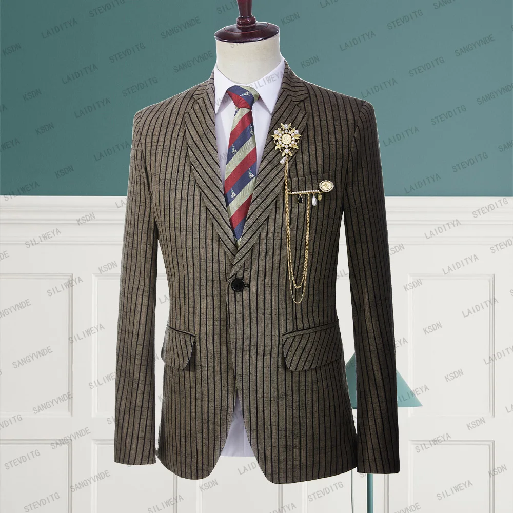 2023 New Summer Men High-quality Suit Light Brown Linen Black Stripe Business Formal Wedding Gentleman Dress Jacket Blazer Coat