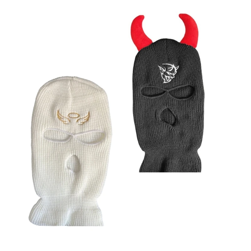 

Adult Knit Windproof Hat Y2k Knit Balaclava Outdoor Ox Horn Shape Hat for Women