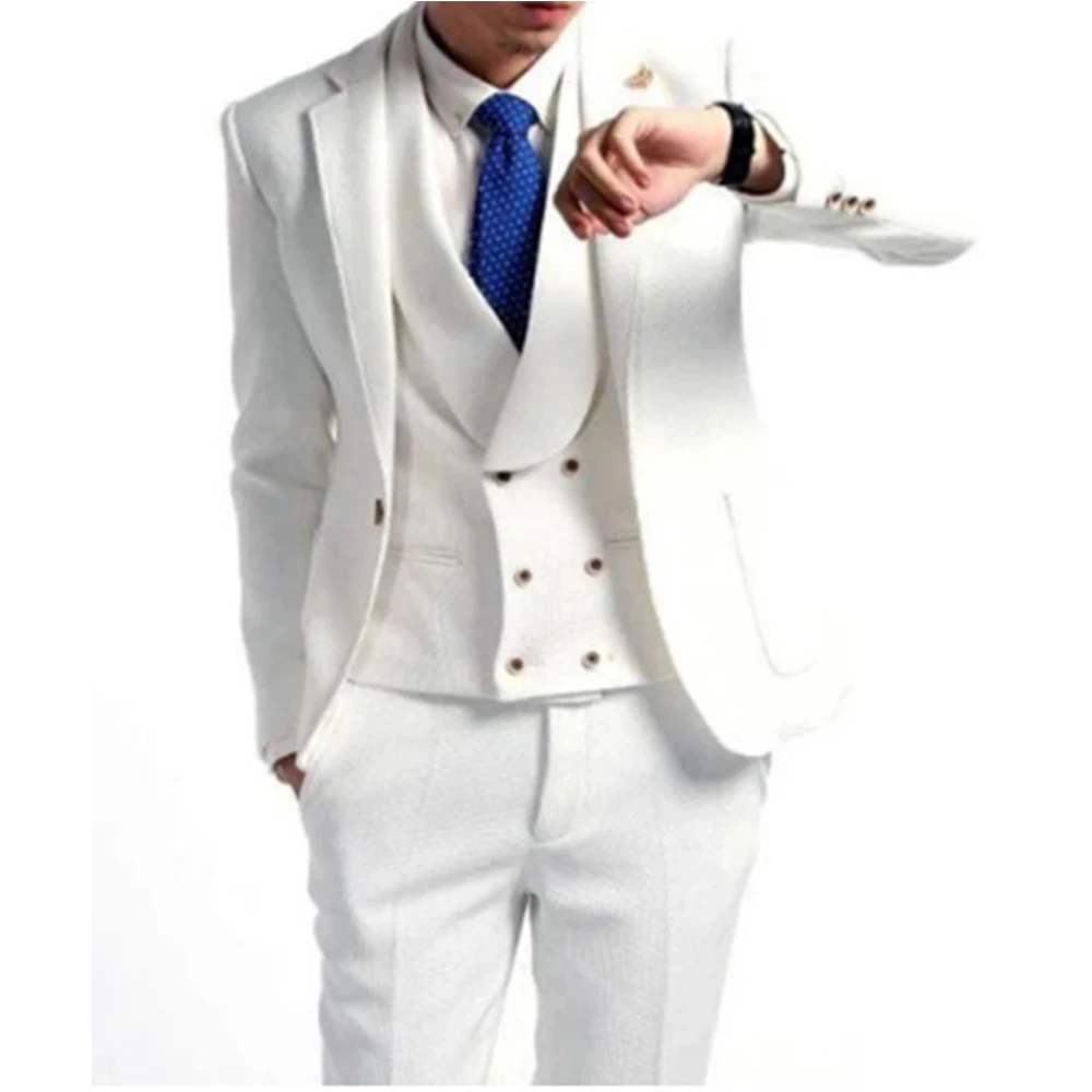 White Groom Tuxedos for Men's Wedding Prom Suits Slim Fit 3 Piece Double Breasted Waistcoat with Pants Male Fashion Blazer