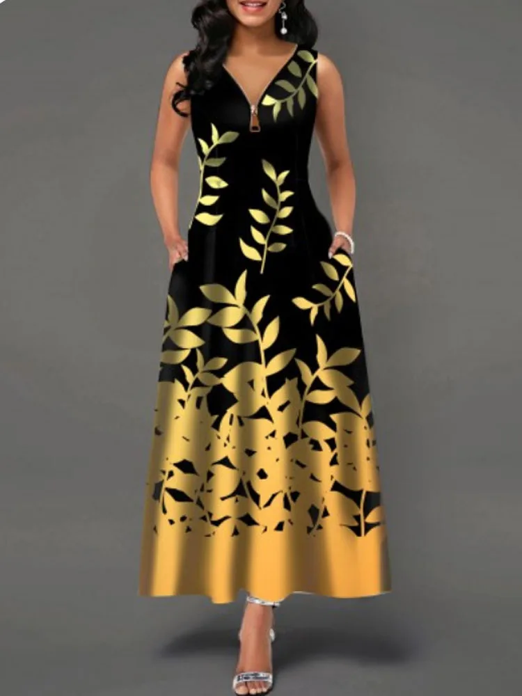 

Женское винтажное платье на молнии, свободное повседневное длинное платье-пуловер без рукавов с принтом листьев, модное офисное платье мак...