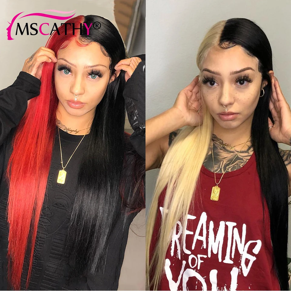 Long Straight Black Half Red Lace Front Wigs 613 Blonde Brazilian Human Hair Wigs For Women 4x4 HD Transparent Lace Closure Wig