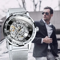 fashion carved skeleton men watches silver top brand luxury mechanical ultra thin mesh strap crystal iced out ladies