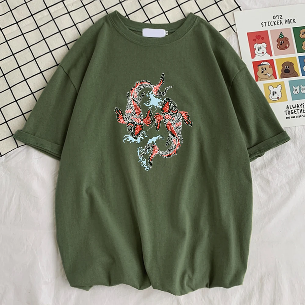 

Two Totem Koi Print Men Tshirt Simplicity Vintage T-Shirt Cool 100% Cotton T-Shirts Graphic Crew Neck Man Clothes