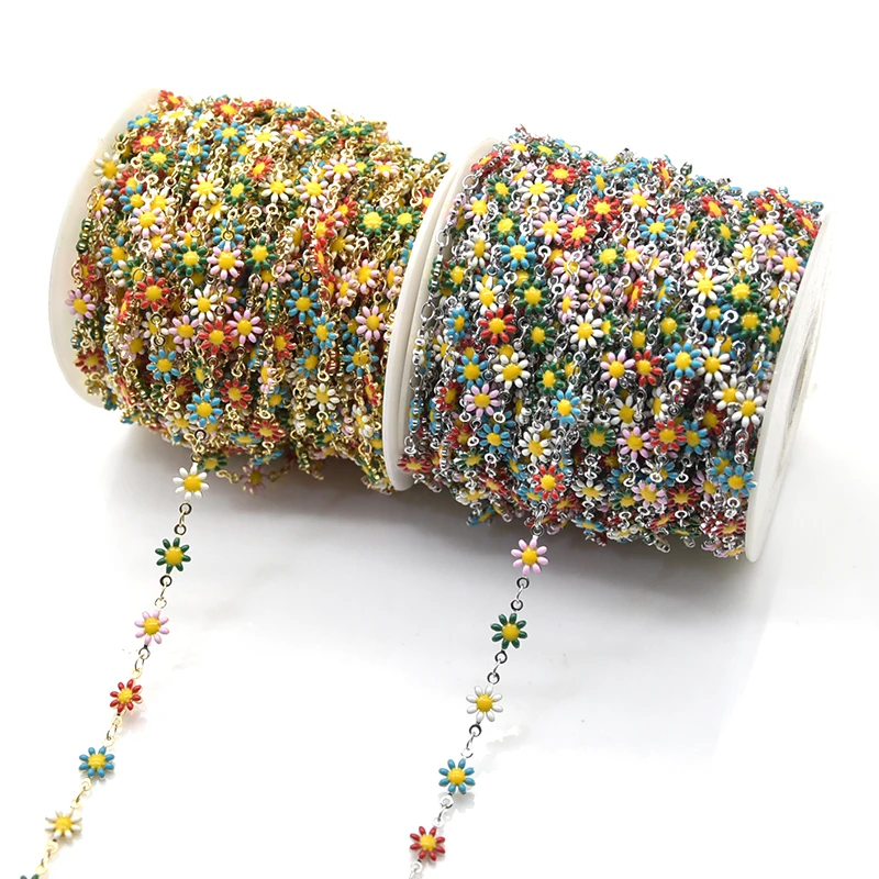 Разноцветная цепочка с цветами, инкрустированная искусственными латунными звеньями ручной работы, рулон звеньев с катушкой для изготовления ювелирных изделий, 1 метр