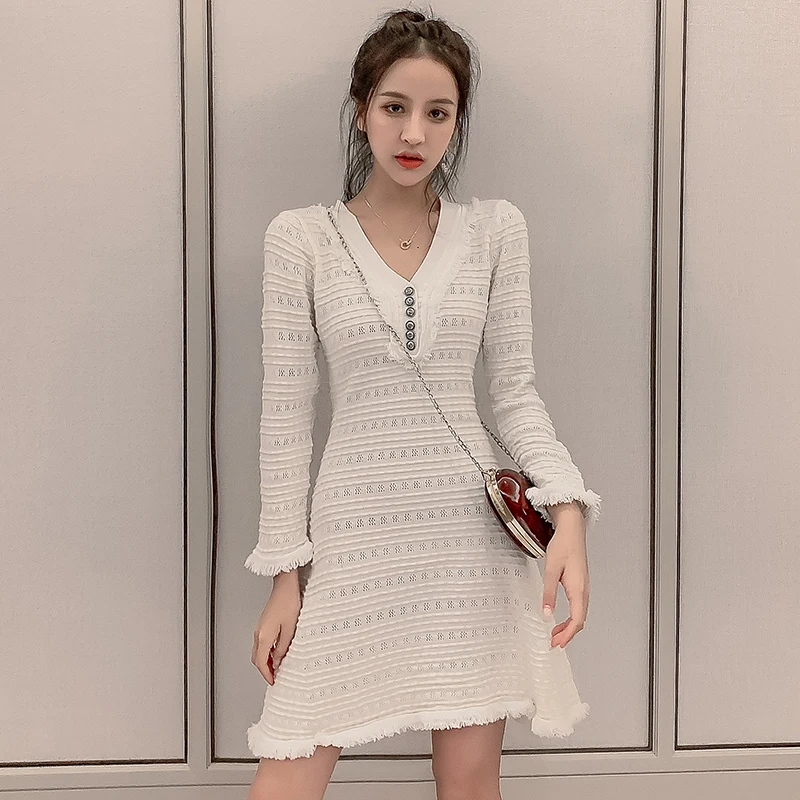 

Summer Small Fragrant Elegant Women's Clothes V-Neck Knit Sweater Slim Tassels A-Line Luxury Dress Vestidos