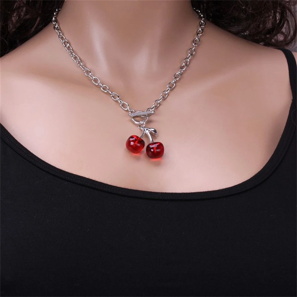 1Pc Punk Style Red Black Cherry Pendant Necklace Women Gothic Metal Geometric Choker Necklace Girls Birthday Party Jewelry