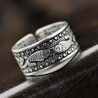 retro ethnic style double fish opening adjustable rings for men and womens vintage silver plated finger ring party jewelry