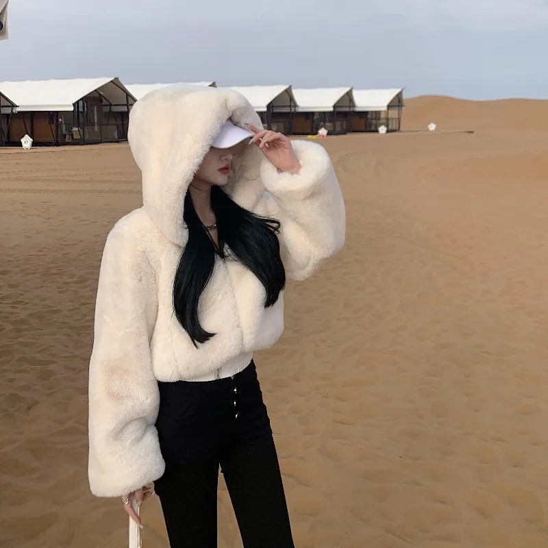 Autumn Winter Jacket Women 2022 New Short Faux Fur Coat Hooded Furry Cute Thick Warm Casual Korean Fashion Tops Famale Clothing