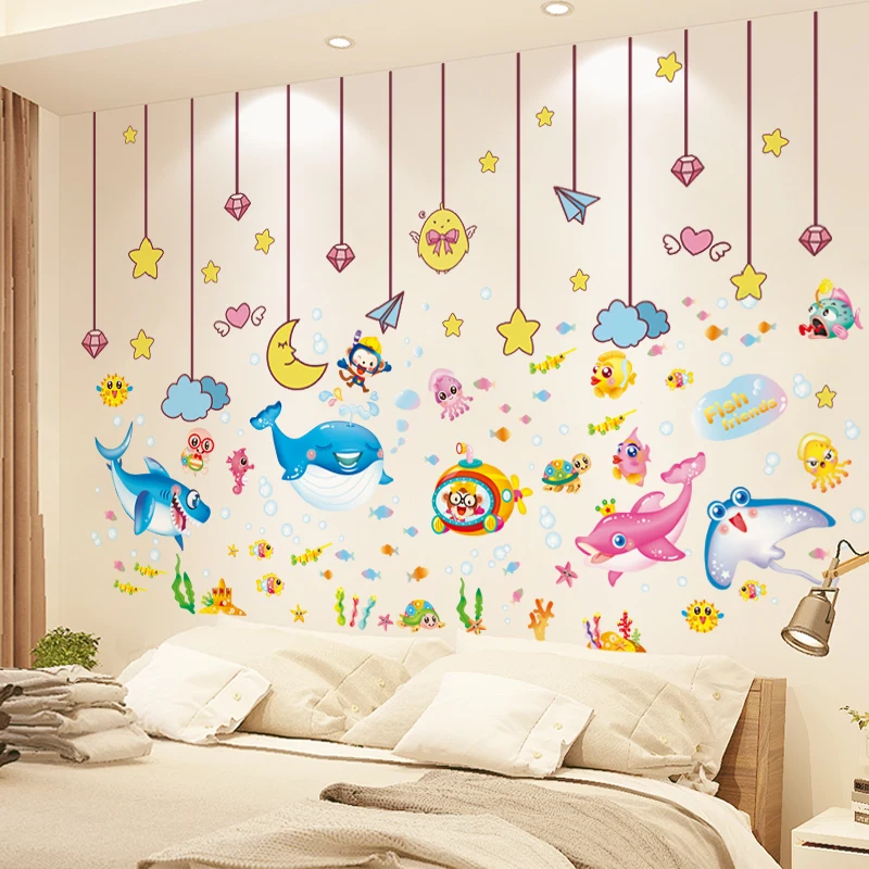

[shijuekongjian] Stars Clouds Wall Stickers DIY Fish Animal Wall Decals for Kids Bedroom Baby Room Nursery House Decoration