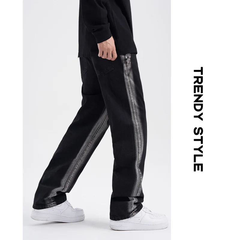 Streetwear Men New Pattern Vintage Recreational Black Thickening Jeans Loose Broad Straight Cylinder Leg Trousers Autumn Female
