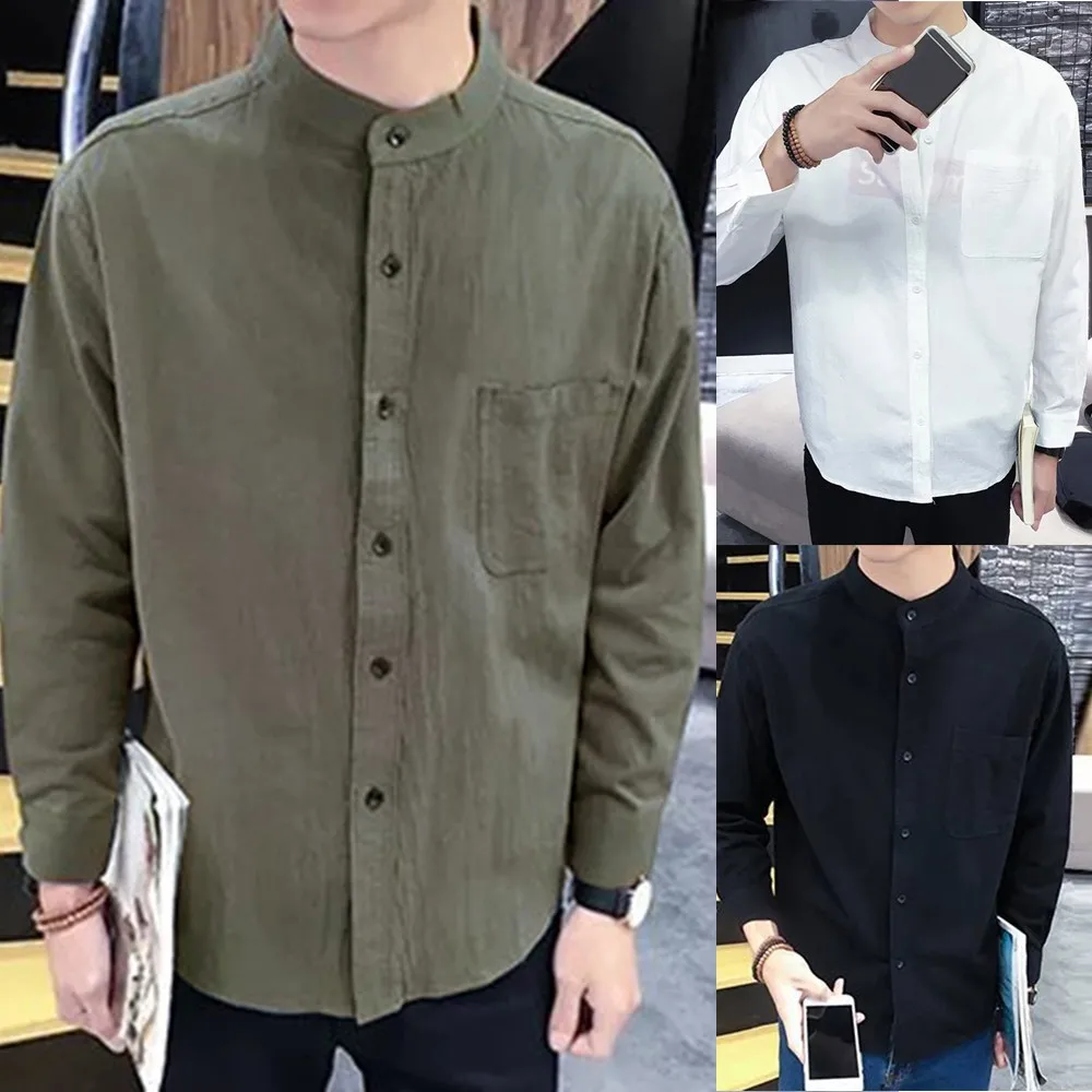 

New Men's Cotton Linen Shirt Solid Color Long Sleeve Cardigan Long Sleeve For Men Casual Loose Collarless Button Male Man Shirts