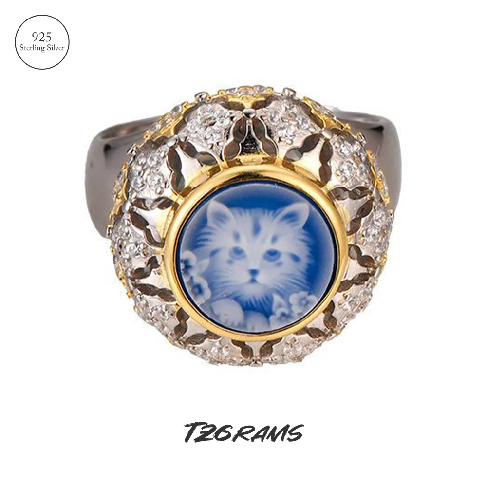 

Tzграммы 925 серебряный милый Кот Камея кольцо синий агат белый корпус полный Циркон Роскошные Кольца для женщин регулируемые эффектные ювелирные изделия